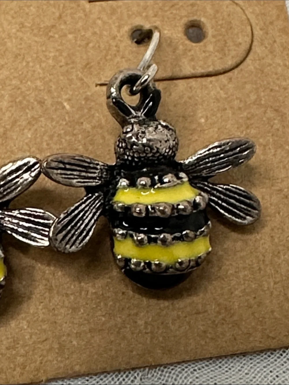 Bee Charm Dangle Earrings - Yellow and Silver Tone - Picture 4 of 4